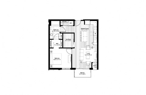 Floor plan for 1 bed, 1 bath, 808 sqft